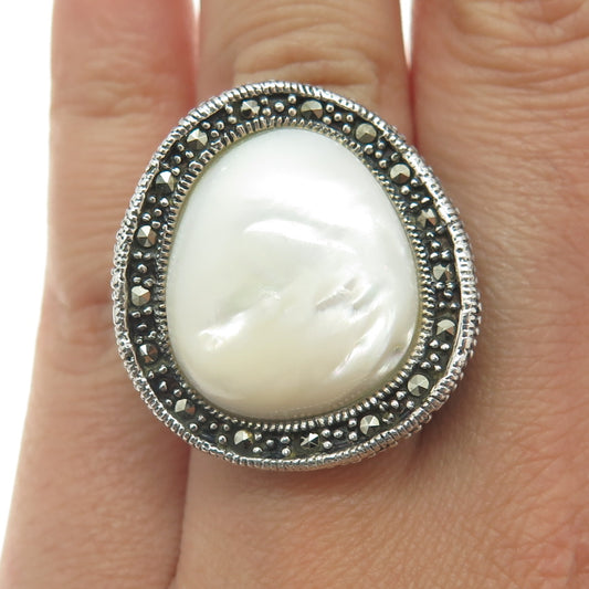 925 Sterling Silver Vintage Mother-of-Pearl & Marcasite Gem Wide Ring Size 6