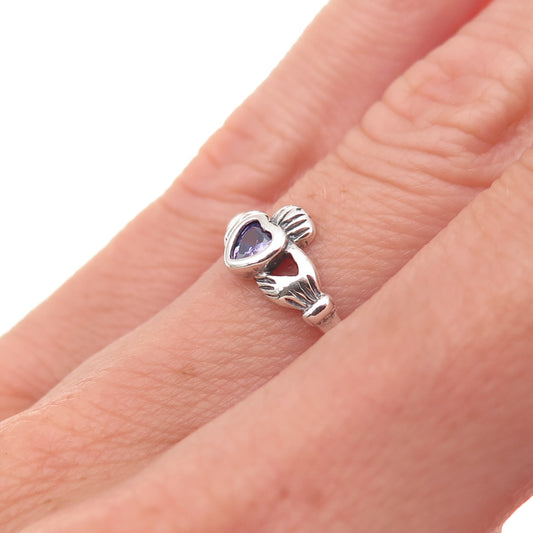 925 Sterling Silver Vintage Lavender C Z Irish Claddagh Oxidized Ring Size 5