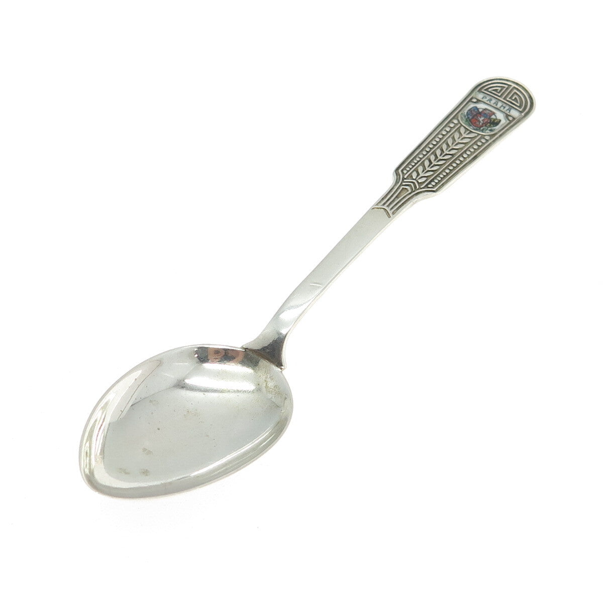 800 Silver Antique France Enamel Praha / Prague Coffee Spoon