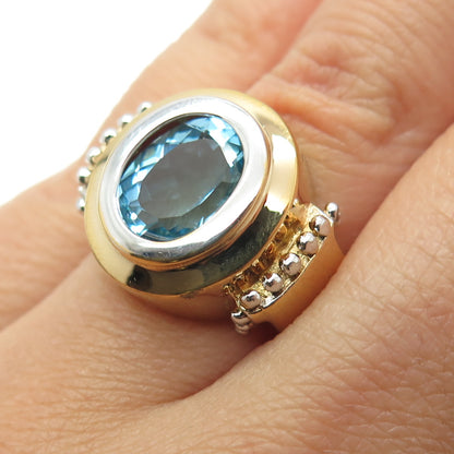 925 Sterling Silver Gold Plated Real Blue Topaz Gemstone Ring Size 6