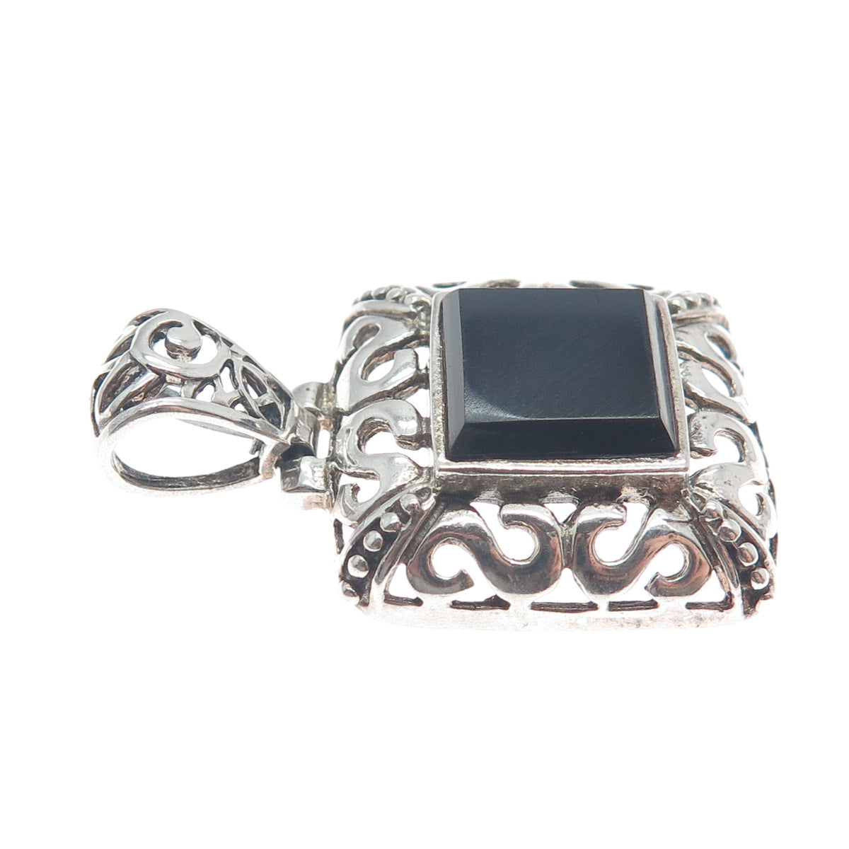 925 Sterling Silver Vintage Real Black Onyx Letter S Ornate Oxidized Pendant