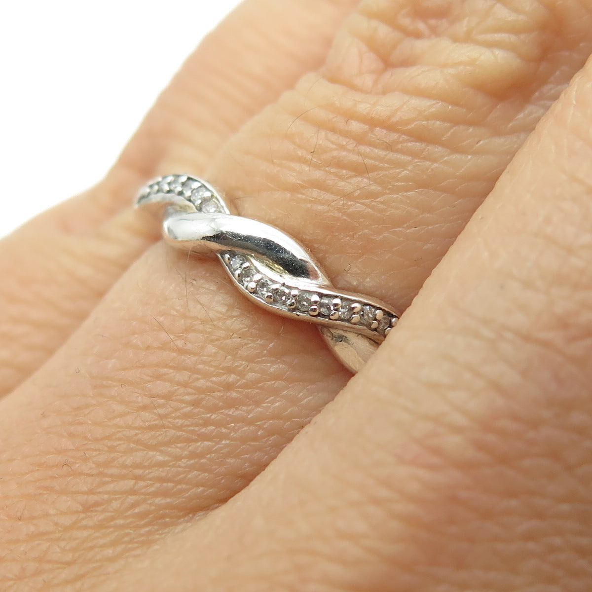 SAMARA SJD 925 Sterling Silver Real Round-Cut Diamond Twisted Ring Size 6.25