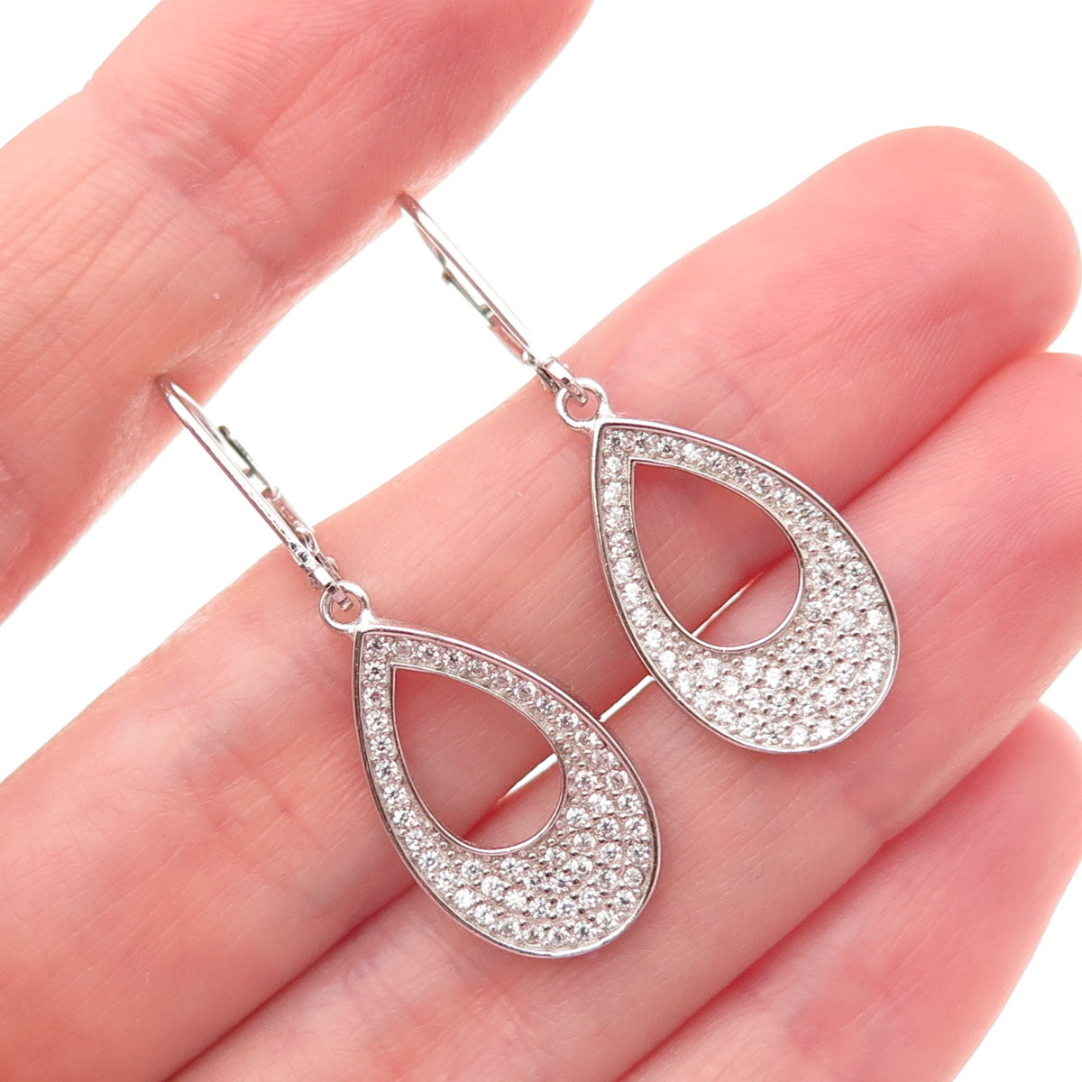 925 Sterling Silver Round-Cut C Z Teardrop Dangle Earrings