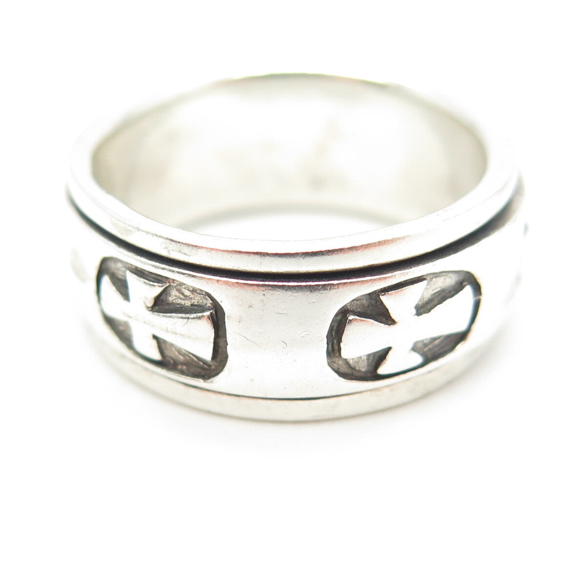 925 Sterling Silver Vintage Cross All Around Rotating Band Ring Size 7.75