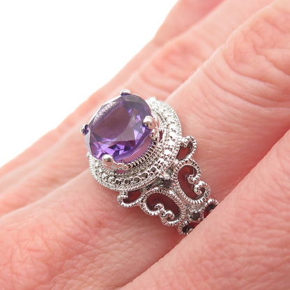 925 Sterling Silver Real Round-Cut Diamond Accent & Amethyst Ring Size 6