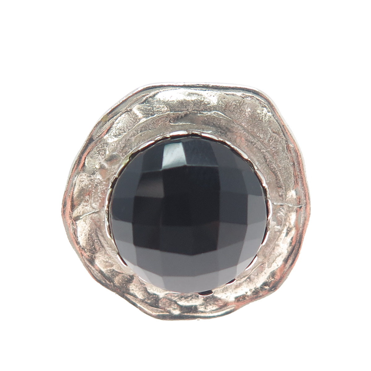 925 Sterling Silver Vintage Real Black Onyx Modernist Hammered Ring Size 8.25