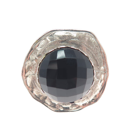 925 Sterling Silver Vintage Real Black Onyx Modernist Hammered Ring Size 8.25