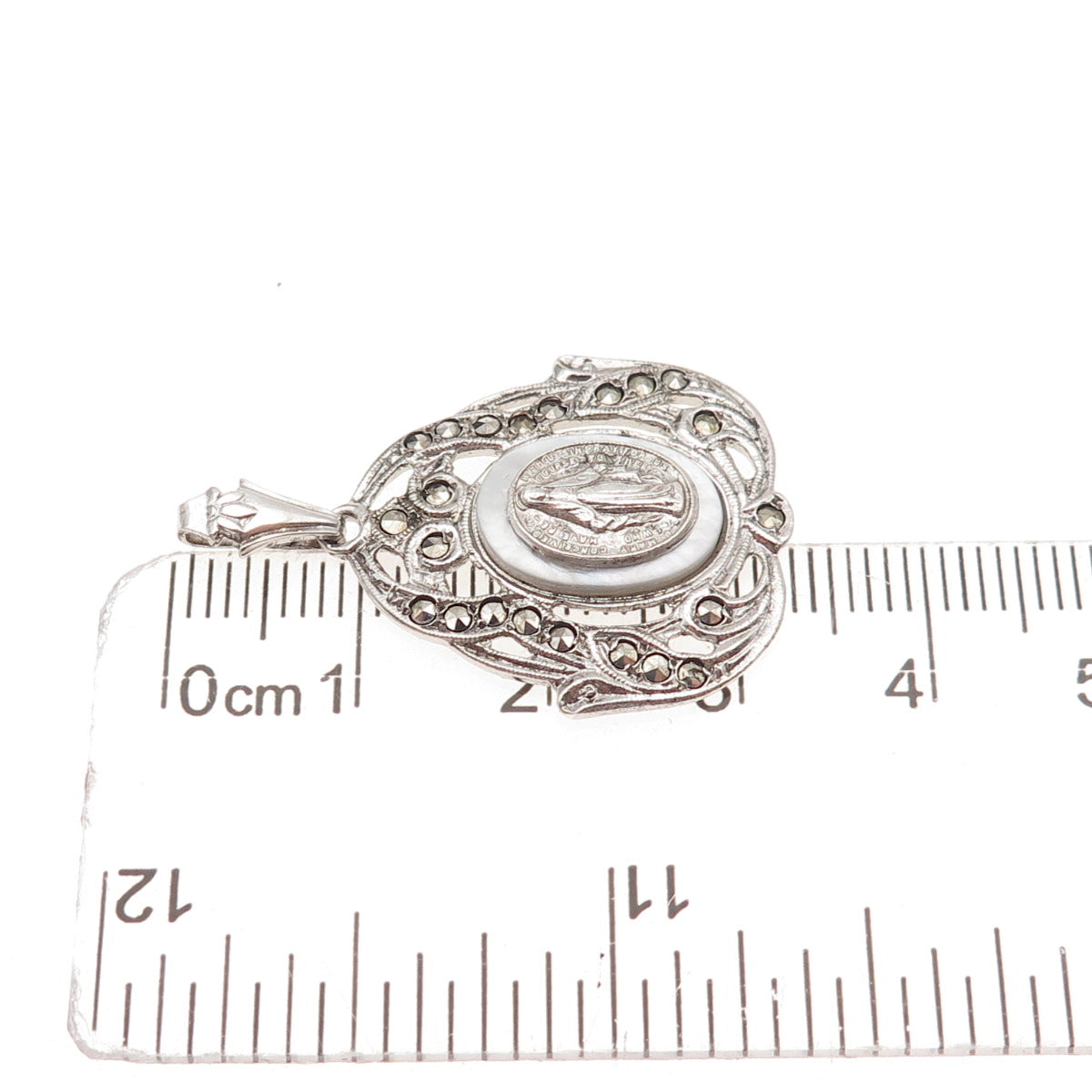 925 Sterling Silver Antique Art Deco Real MOP & Marcasite St. Mary Charm Pendant