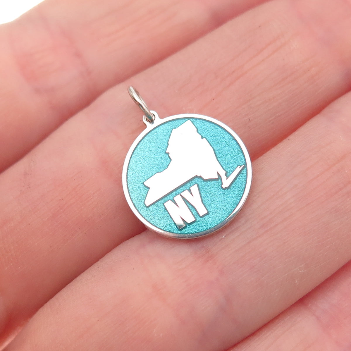 925 Sterling Silver Turquoise Enamel NY State Map Round Tag Mini Charm Pendant