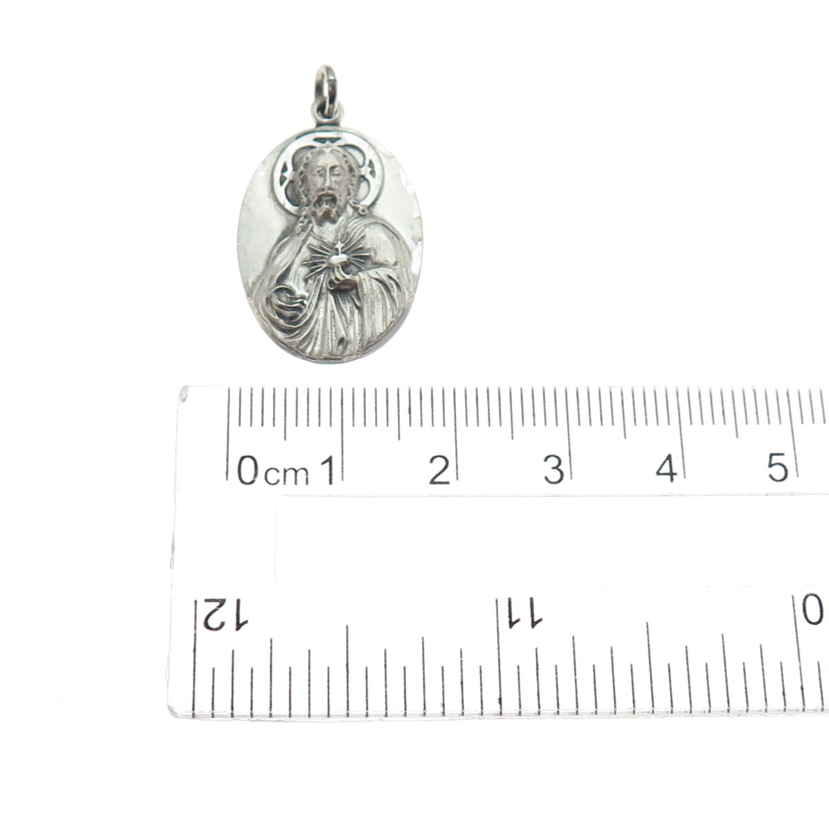 925 Sterling Silver Antique Art Deco Jesus Sacred Heart Medal Charm Pendant