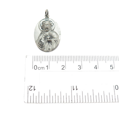 925 Sterling Silver Antique Art Deco Jesus Sacred Heart Medal Charm Pendant
