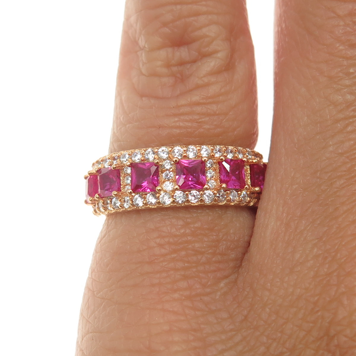 925 Sterling Silver Gold Plated Lab-Created Ruby & C Z Band Ring Size 5.25