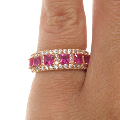 925 Sterling Silver Gold Plated Lab-Created Ruby & C Z Band Ring Size 5.25