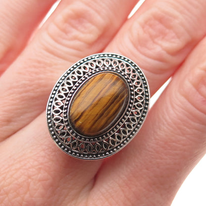 925 Sterling Silver Vintage Real Cabochon Tiger Eye Oxidized Ring Size 6