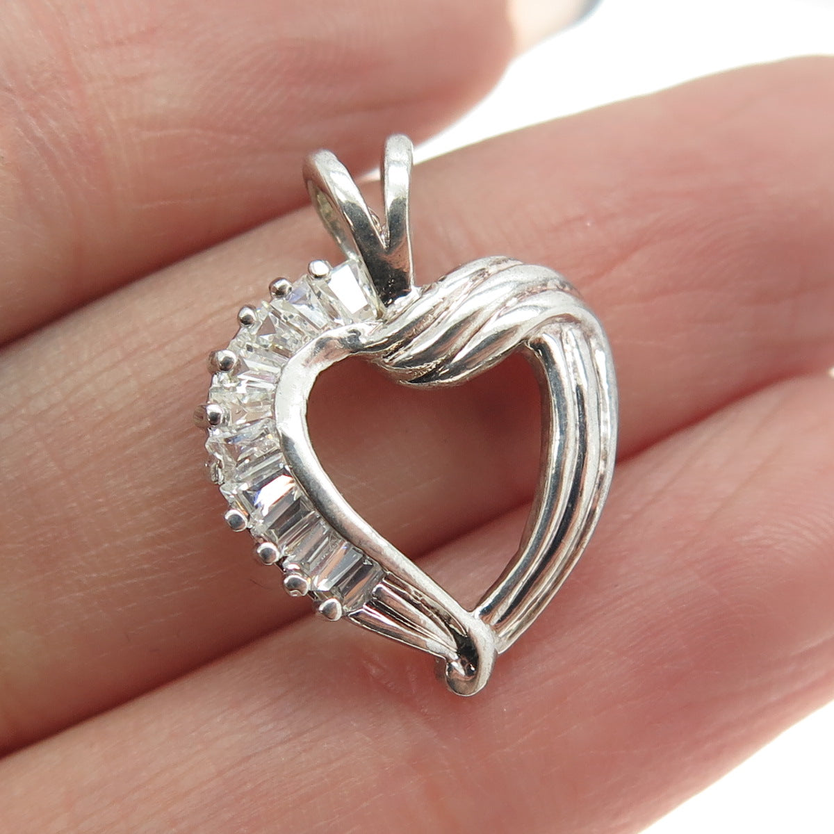 925 Sterling Silver Tapered Baguette-Cut C Z Heart Pendant