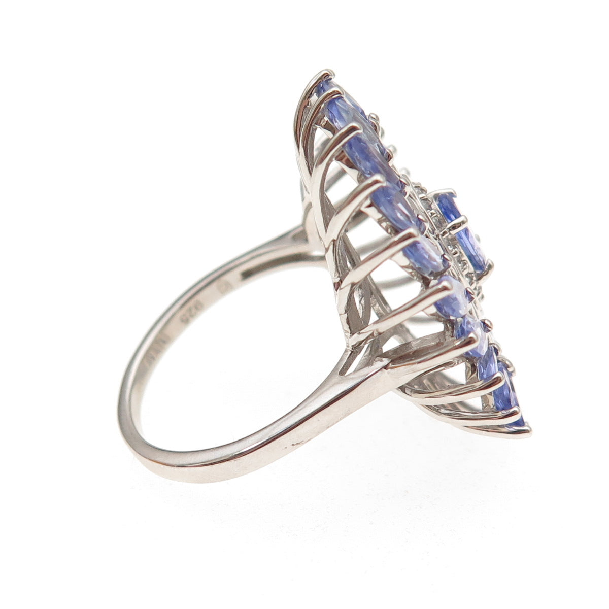 925 Sterling Silver Real Tanzanite & White Topaz Floral Ring Size 8.25