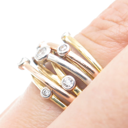 925 Sterling Silver 3-Tone Round-Cut C Z Station Crisscross Ring Size 7.25