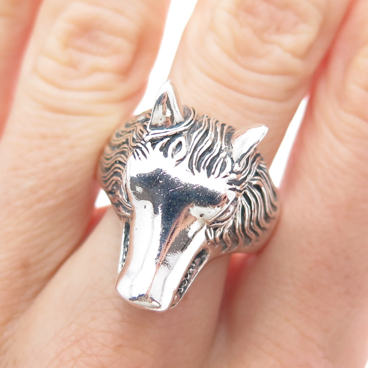 925 Sterling Silver Vintage Wolf Oxidized Adjustable Ring Size 10