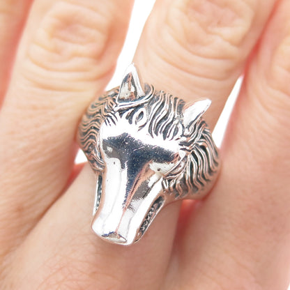 925 Sterling Silver Vintage Wolf Oxidized Adjustable Ring Size 10