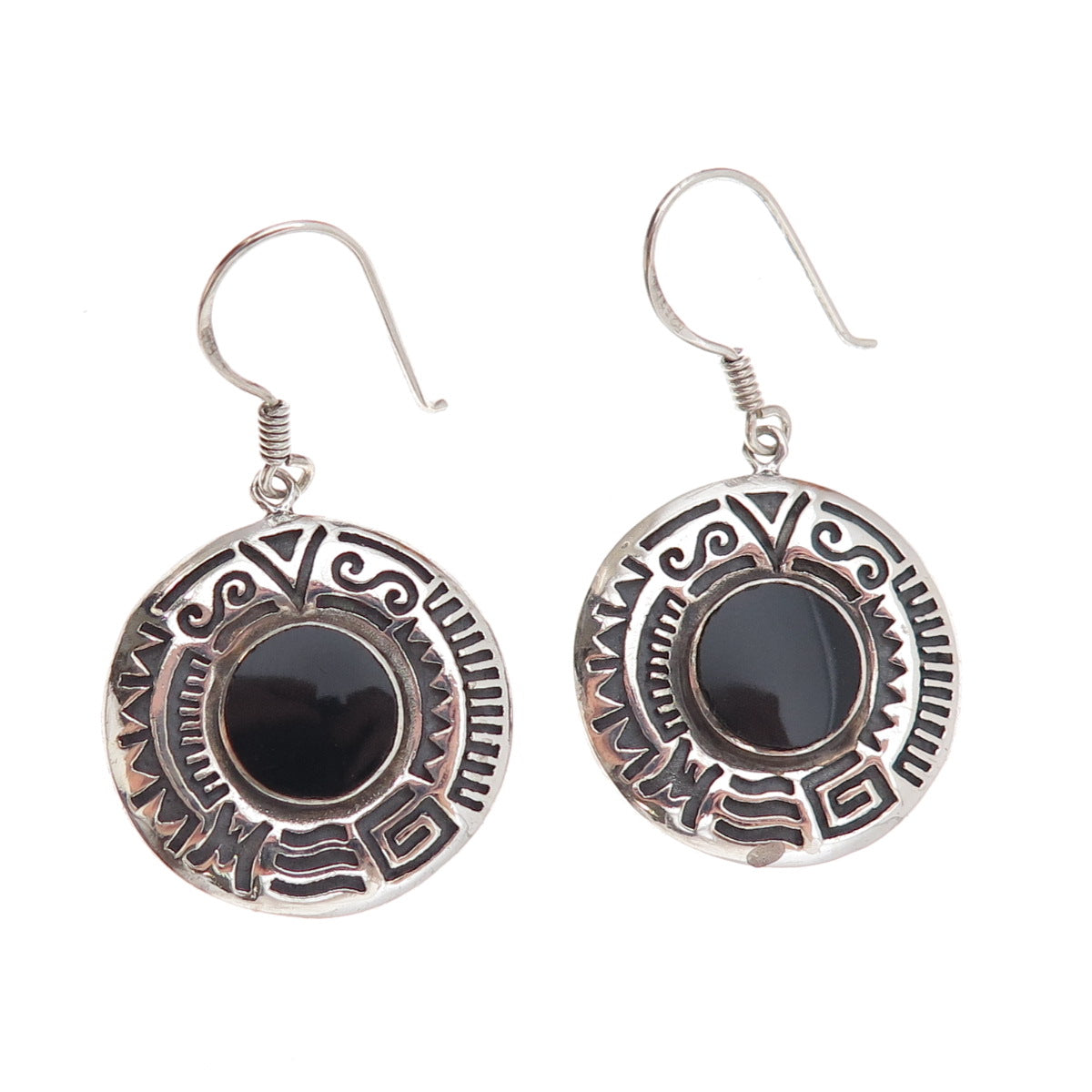 Boma 925 Sterling Silver Vintage Real Black Onyx Ethnic Oxidized Dangle Earrings