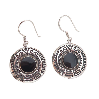 Boma 925 Sterling Silver Vintage Real Black Onyx Ethnic Oxidized Dangle Earrings