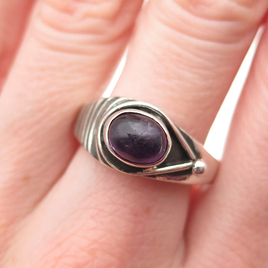 925 Sterling Silver Vintage Real Amethyst Modernist Oxidized Ring Size 8.5