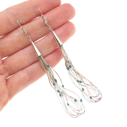 Old Pawn Sterling Silver Vintage Turquoise Liquid Chain Tribal Dangle Earrings
