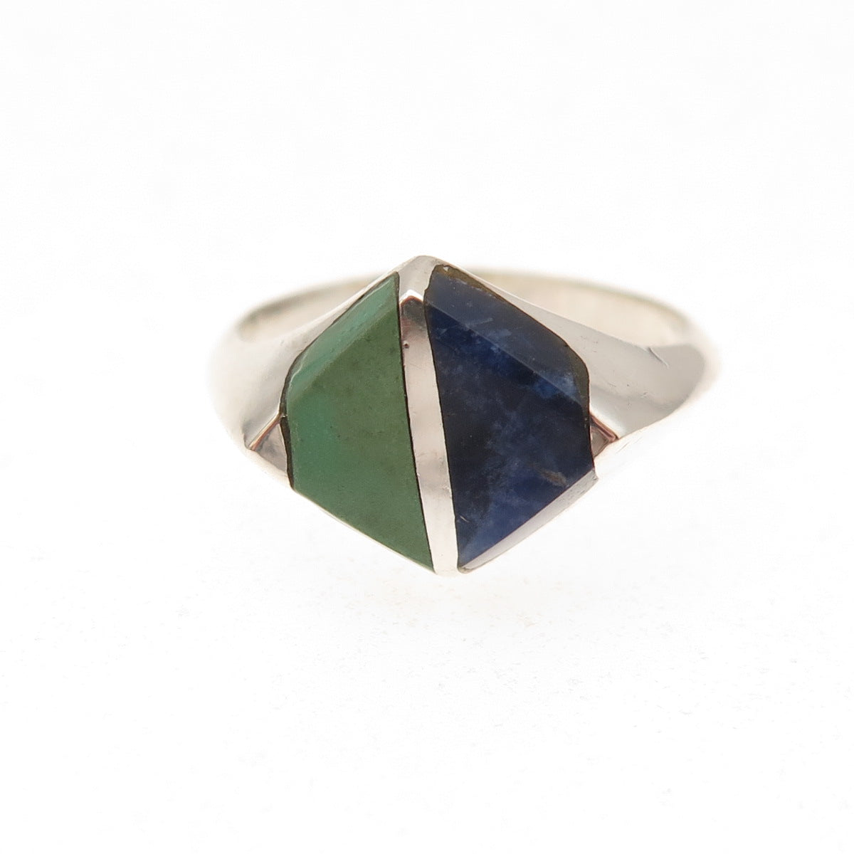 925 Sterling Silver Vintage Mexico Real Turquoise Sodalite Modernist Ring Size 6