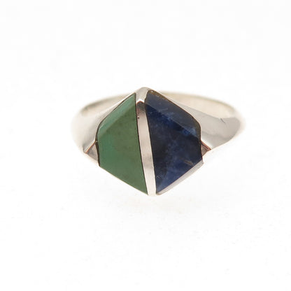 925 Sterling Silver Vintage Mexico Real Turquoise Sodalite Modernist Ring Size 6