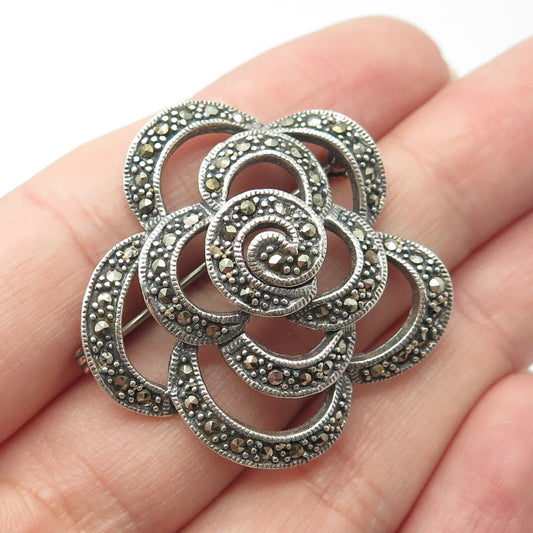925 Sterling Silver Vintage Chapal Zenray Real Marcasite Gem Rose Floral Brooch