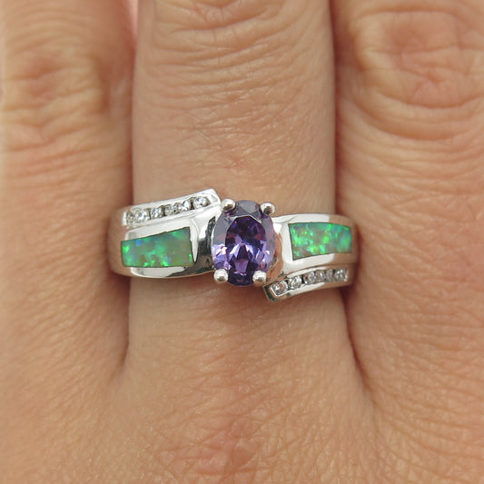 925 Sterling Silver Vintage Real Amethyst Opal & C Z Bypass Ring Size 9.25