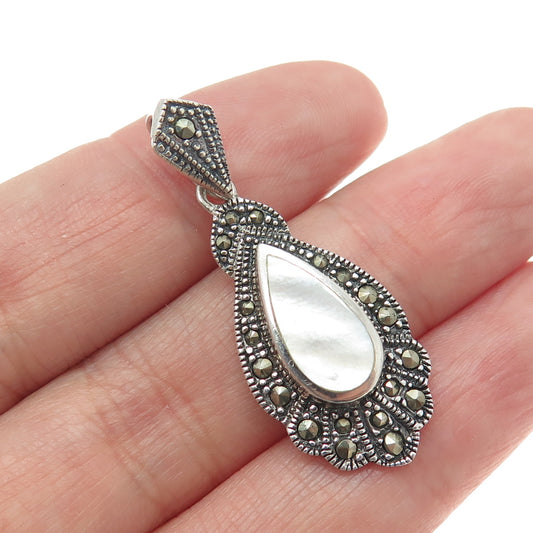 925 Sterling Silver Vintage Real MOP & Marcasite Art Deco Style Pendant