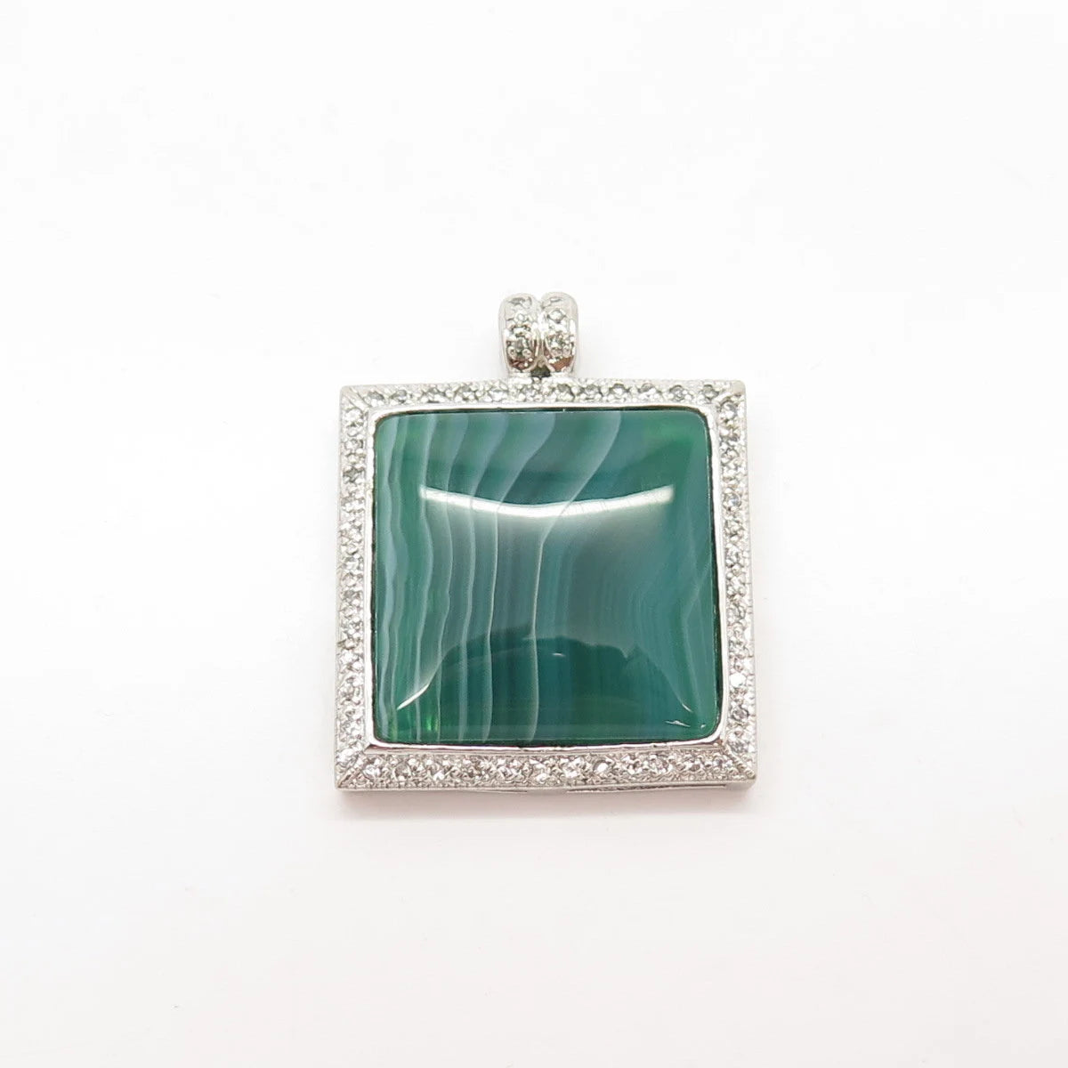 925 Sterling Silver Vintage Real Green Agate Gem & C Z Ornate Heart Pendant