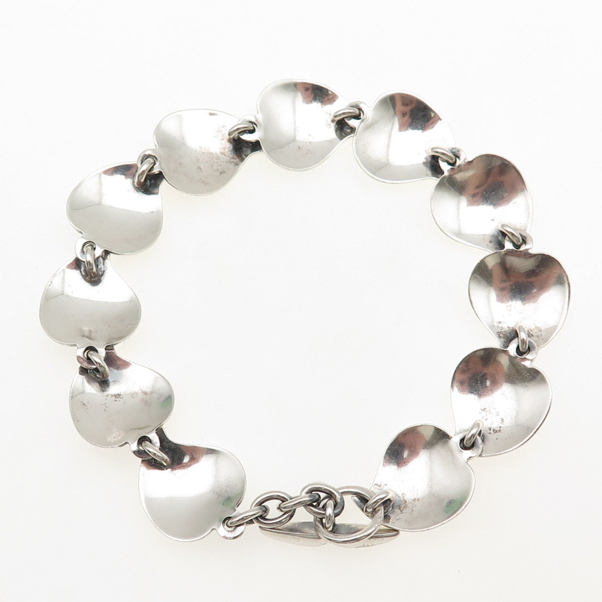 830 Silver Vintage Modernist Floral Heart Link Oxidized Bracelet 7"