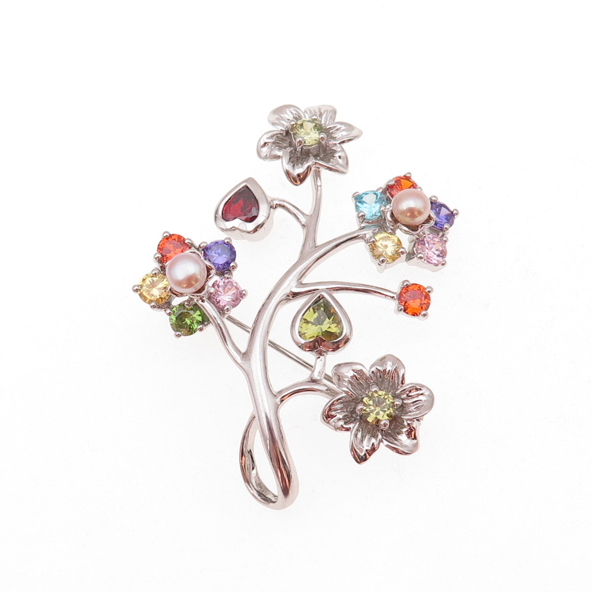 925 Sterling Silver Real Pearl & Multi-Color C Z Floral Pendant