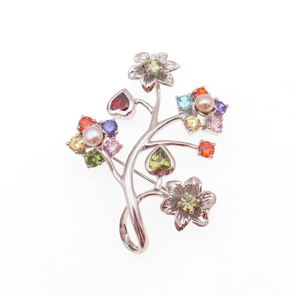 925 Sterling Silver Real Pearl & Multi-Color C Z Floral Pendant