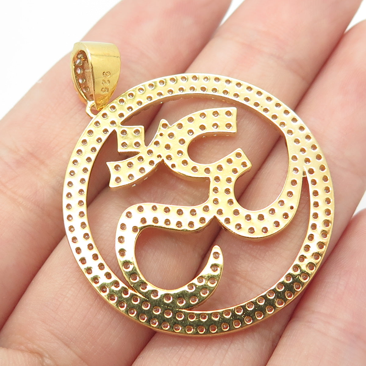 925 Sterling Silver Gold Plated Round-Cut C Z Om Mantra Pendant