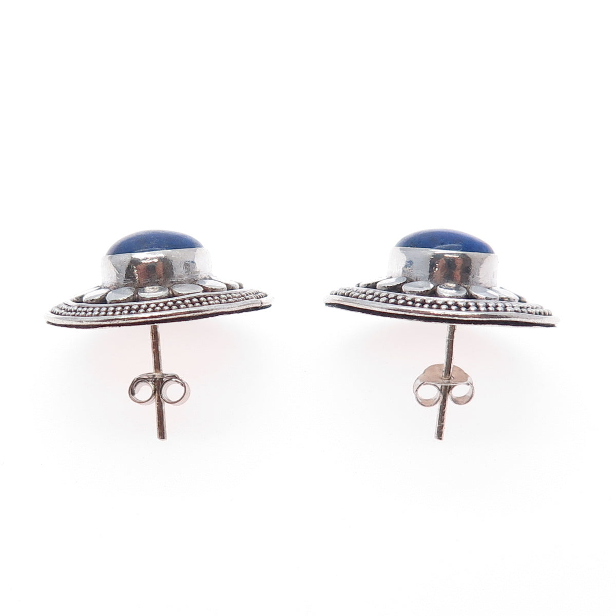 925 Sterling Silver Vintage Real Lapis Lazuli Modernist Dotted Earrings