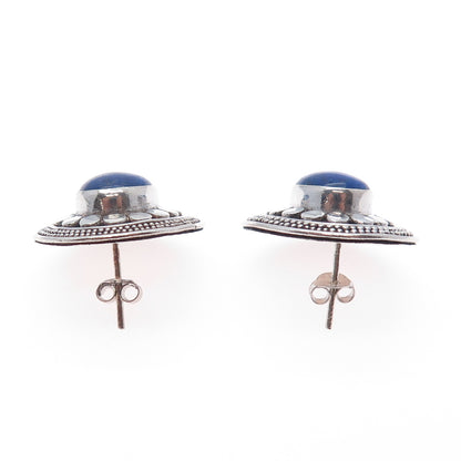 925 Sterling Silver Vintage Real Lapis Lazuli Modernist Dotted Earrings