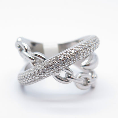 925 Sterling Silver Pave C Z Chain Crossover Ring Size 7