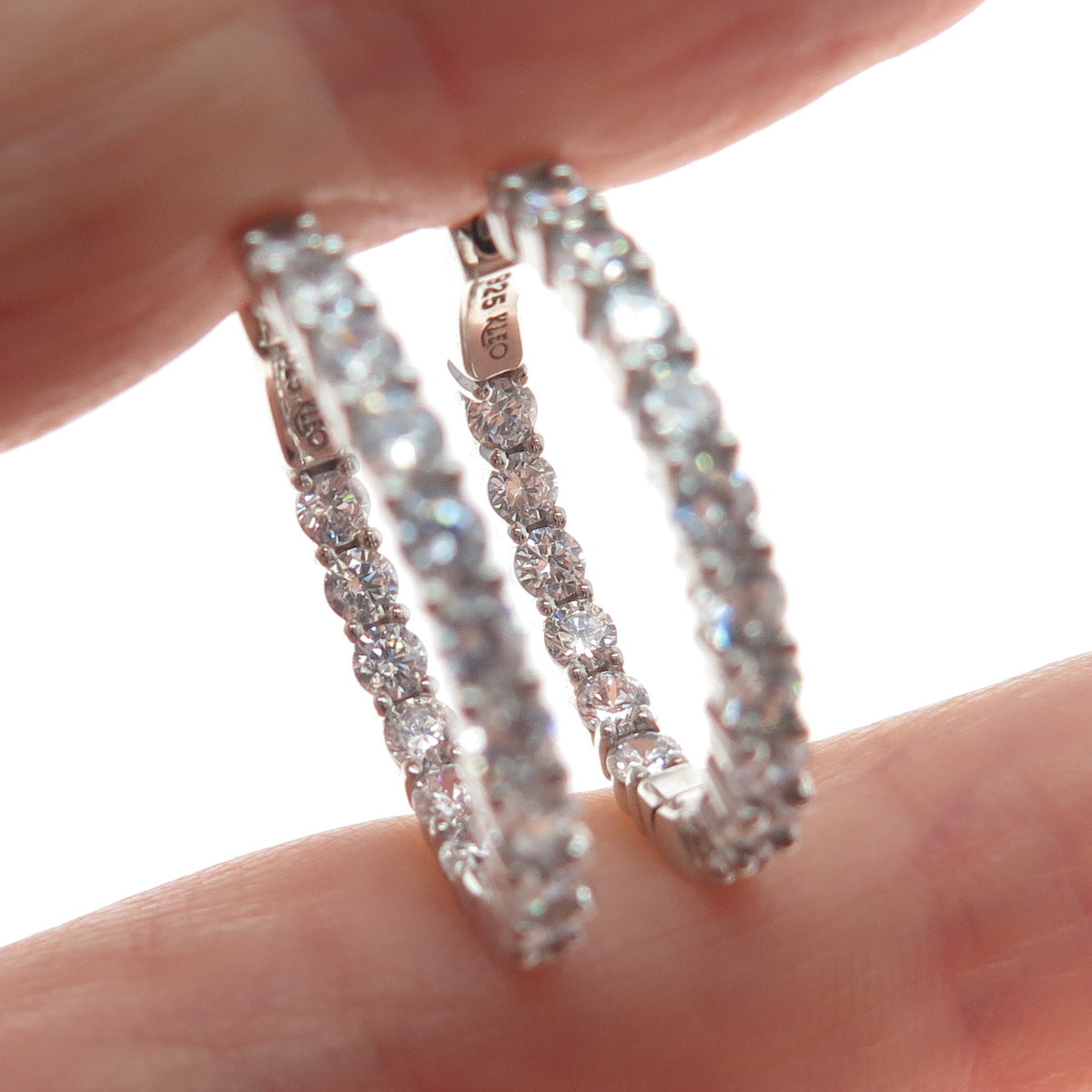 KLEO 925 Sterling Silver Round-Cut C Z In & Out Hoop Earrings