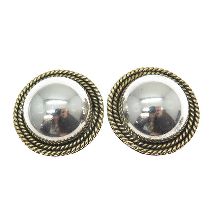 925 Sterling Silver 2-Tone Vintage Mexico Modernist Dome Clip On Earrings