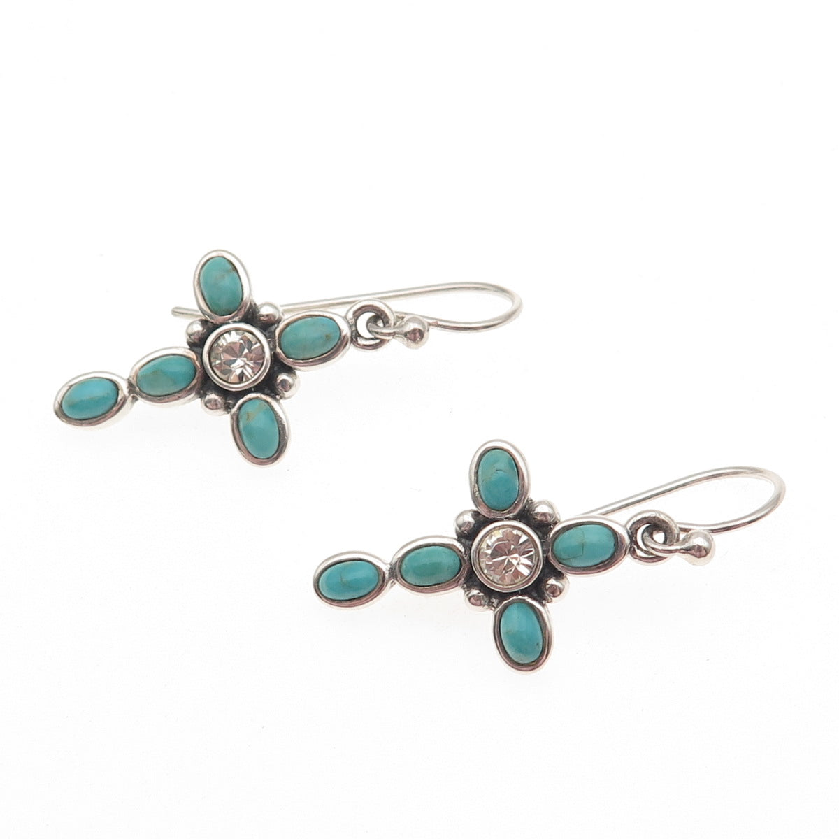 BARSE Sterling Silver Vintage Rhinestone Real Turquoise Cross Dangle Earrings