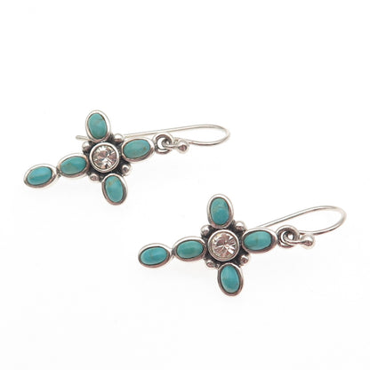 BARSE Sterling Silver Vintage Rhinestone Real Turquoise Cross Dangle Earrings