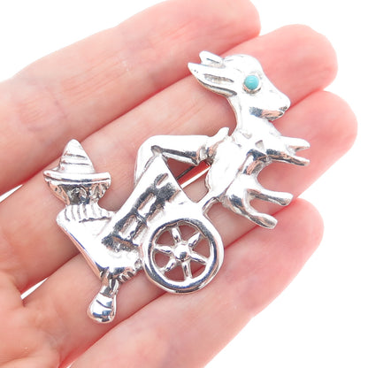 925 Sterling Silver Vintage Mexico Turquoise Sombrero Donkey Cart Pin Brooch