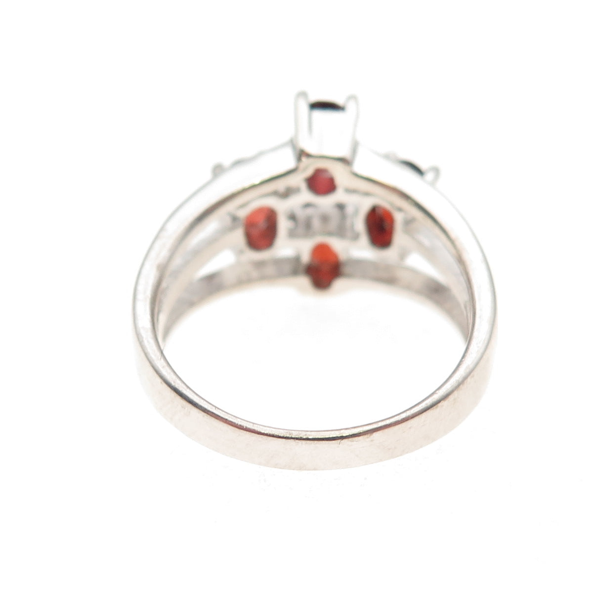 925 Sterling Silver Vintage Real Oval-Cut Red Garnet 3-Row Ring Size 7.5