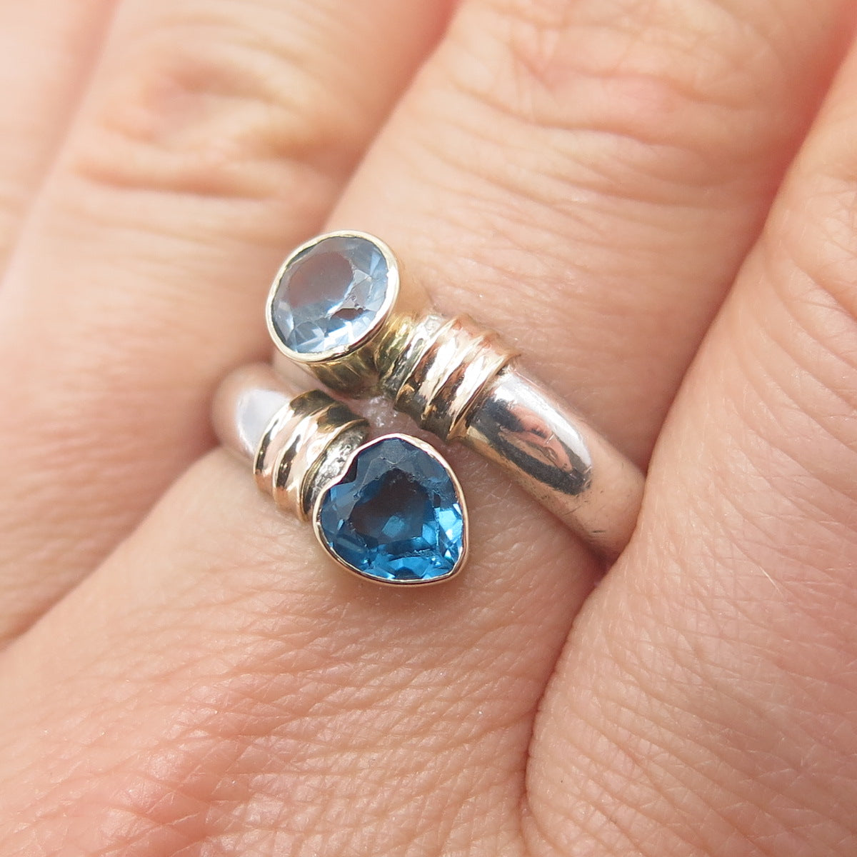 14K Gold 925 Sterling Vintage Real Swiss Blue Topaz Heart Adjustable Ring Size 7