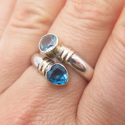 14K Gold 925 Sterling Vintage Real Swiss Blue Topaz Heart Adjustable Ring Size 7