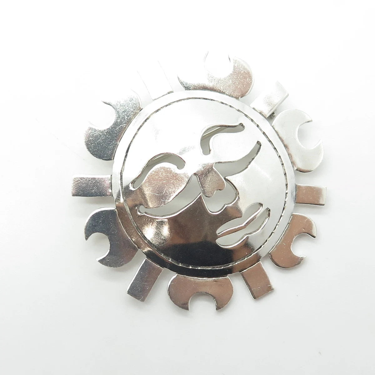 925 Sterling Silver Vintage Mexico Sun Face God Pin Brooch