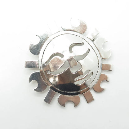 925 Sterling Silver Vintage Mexico Sun Face God Pin Brooch